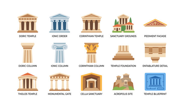 Classical temple icons showing column orders on white background