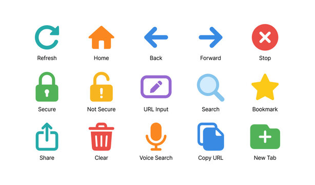 Interface navigation icons showing common browser controls on white