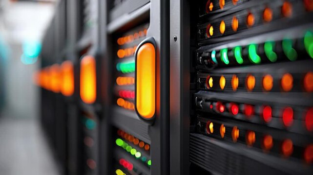 Data Center Lights: A close-up view of a modern data center, showcasing rows of servers illuminated by vibrant lights, representing the heart of digital infrastructure and data processing.