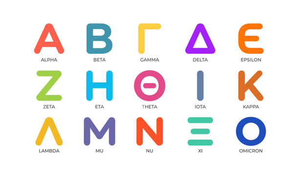 Colorful greek alphabet letters displayed in grid on white background