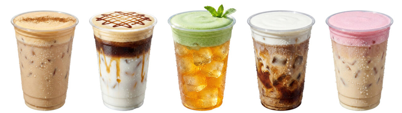 assorted iced tea and coffee drinks with colorful cold foam and cheese cap toppings in plastic takeaway cups on transparent background