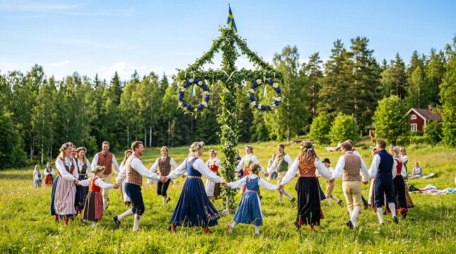 People in traditional swedish folk costumes dancing around a maypole