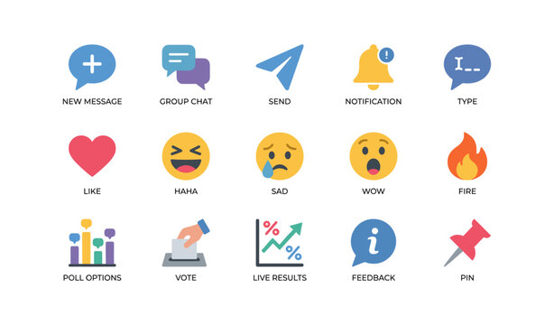 Messaging and reaction icons arranged in grid on white background