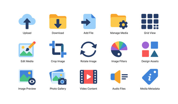 Media and file icons for upload download edit on white background