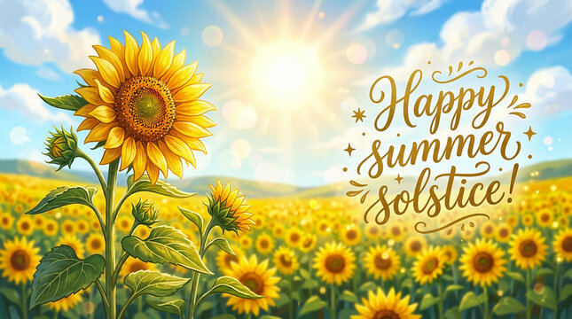 Happy summer solstice greeting card with sunflower field and sun