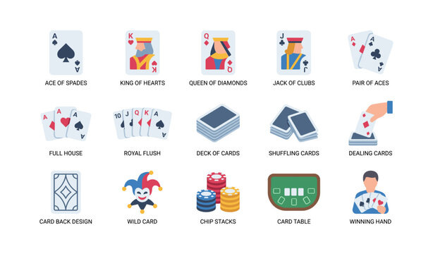 Playing card faces and poker elements arranged on white background