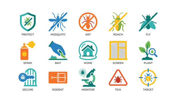 Pest control icons showing insects, traps and prevention methods