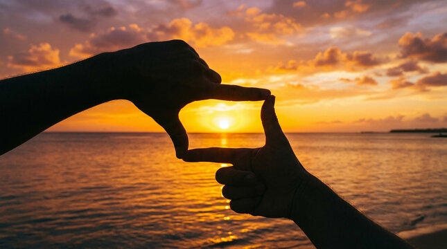 Hands framing the beautiful sunset over the ocean horizon