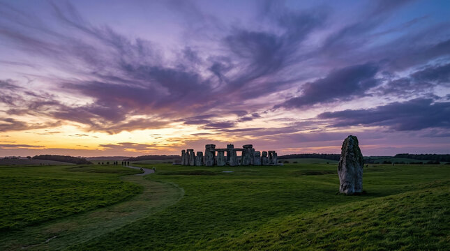 Stonehenge prehistoric monument at sunset with dramatic purple sky