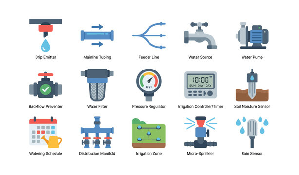 Irrigation system icons arranged in grid on white background