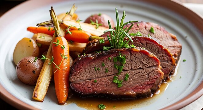 Roasted beef brisket with cooked carrots and fresh rosemary served on a ceramic plate. braised brisket