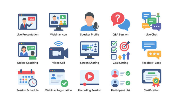 Webinar icons showing live presentation and engagement tools