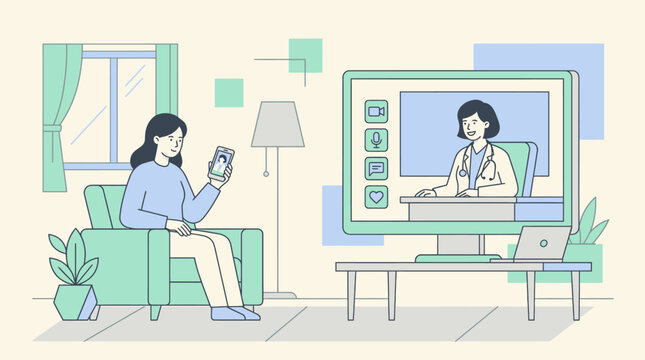 Cozy living room scene of a person using a tablet for a video call while another person appears on a large TV screen.