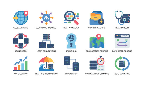 Network routing and load balancing icons showing server infrastructure