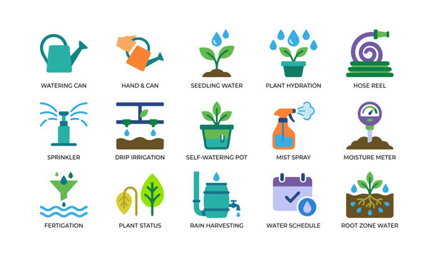 Plant watering and irrigation icons arranged on white grid