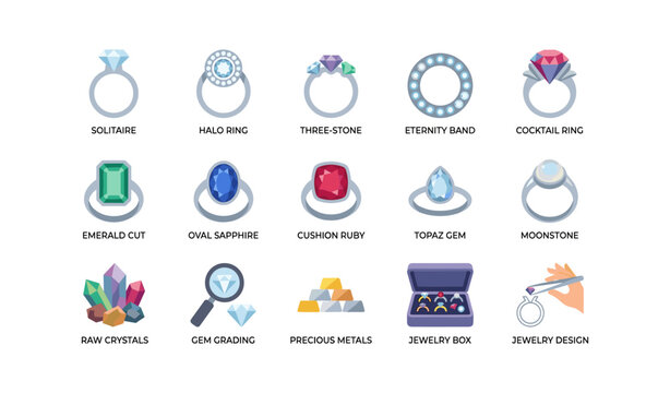 Jewelry and gemstone icons showing rings, gems and services