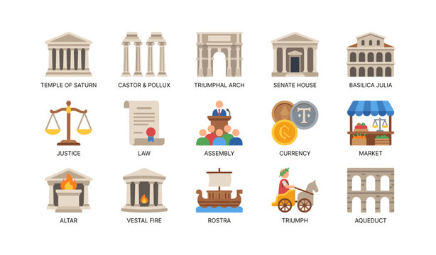 Roman temples and civic icons arranged in grid on white background