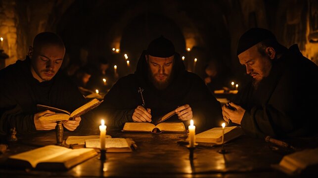 Monks studying ancient texts by candlelight in a medieval setting