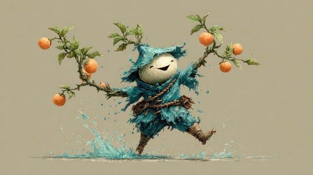 A cheerful, small creature, light beige in color, wearing a simple, blue hooded robe, joyfully dances amidst splashing water, holding branches with ripe oranges. Lush green leaves adorn the branches