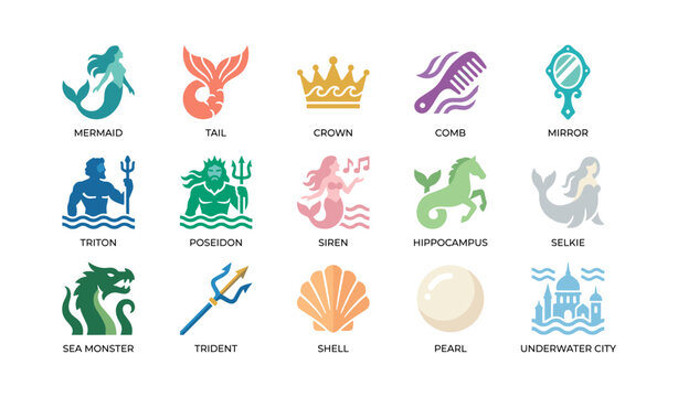 Mermaid and marine creature icons arranged on white background