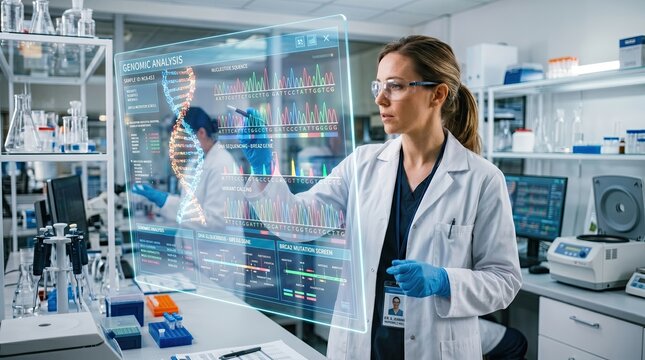 A scientist in a lab coat and gloves analyzes genomic data displayed on a futuristic transparent screen in a modern laboratory setting.