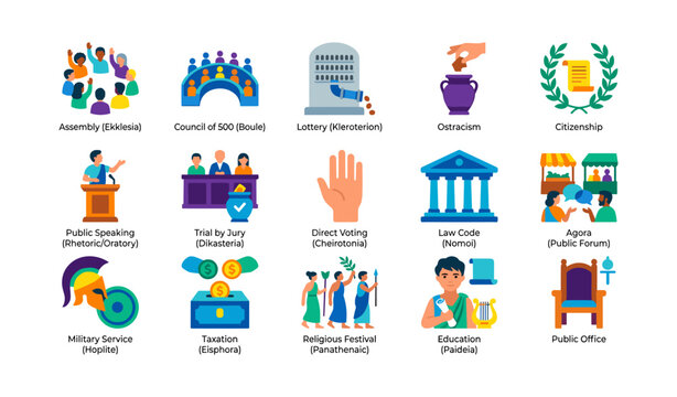 Civic and democratic icons arranged in grid on white background