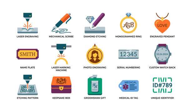 Engraving icons showing marking services on white background