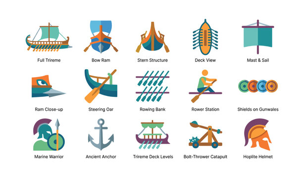 Ancient trireme and naval warfare icons showing ship parts