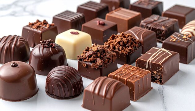Assorted chocolate candies on white surface.