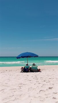 vertical view of couple relaxing under blue umbrella on white sand panama city beach