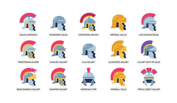Assorted roman helmets displayed in labeled grid on white background