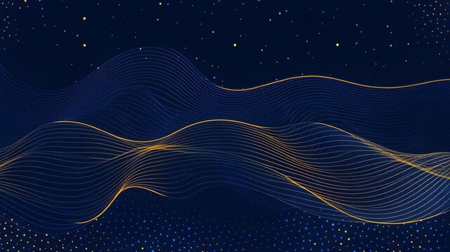 Celestial Waves of Gold: Abstract design features gold waves with small stars and dark blue background. Reflecting tranquility, elegance and aesthetic appeal.