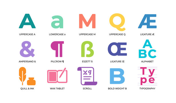 Typography and glyph icons illustrating letters symbols and writing