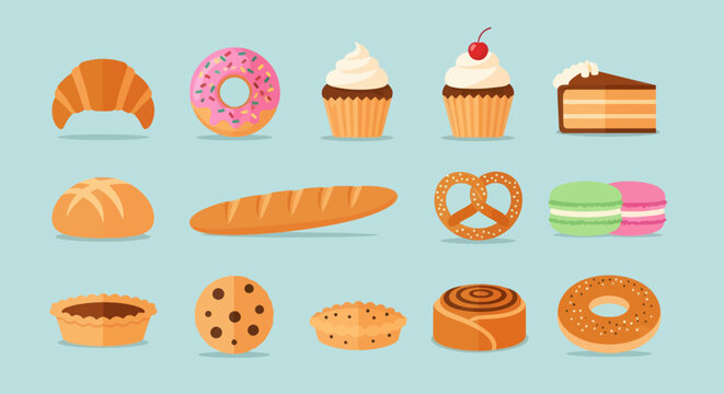 Bakery items vector illustration set