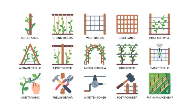 Trellis and vine training icons displayed on white grid