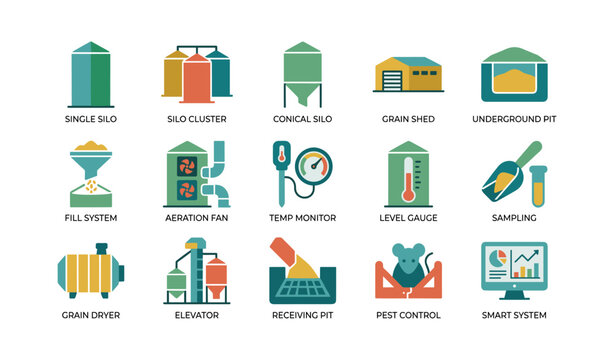 Agricultural silo and grain storage equipment icons in grid