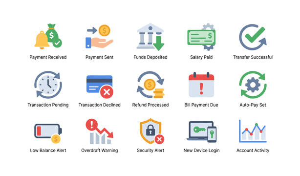 Banking icons showing payment and transaction symbols on white