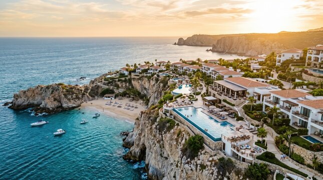 Cliffside luxury resort above ocean cove at sunset