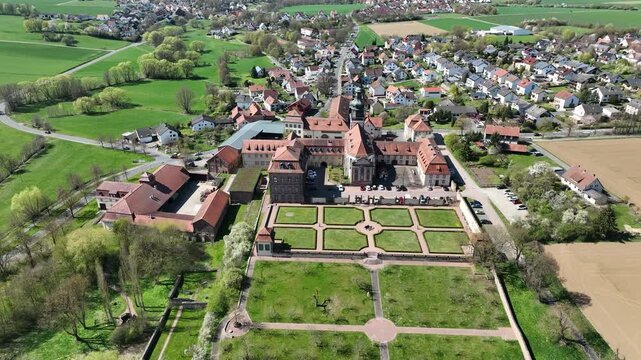Aerial View Propstei Johannesberg, , Benedictine priory, district of Fulda in Hesse, Roman Catholic parish church of St. John the Baptist, Germany
