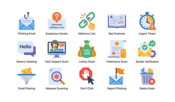 Email scam and phishing icons shown on white background