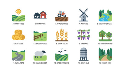 Naklejka premium Farm and countryside icons displayed in grid on white background