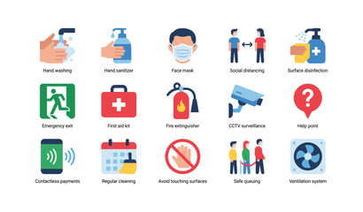 Fototapeta premium Hygiene and safety icons illustrating precautions in grid layout