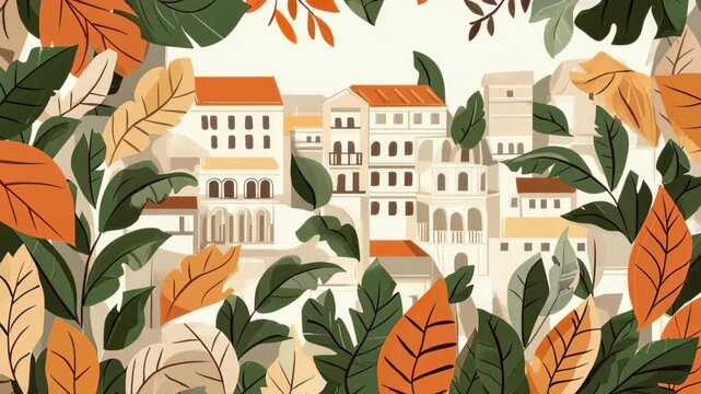 Townscape Hidden in a Lush Greenery: A quaint town nestled amidst vibrant foliage, where the warm tones of rooftops and walls contrast with the lush, refreshing green of surrounding vegetation.