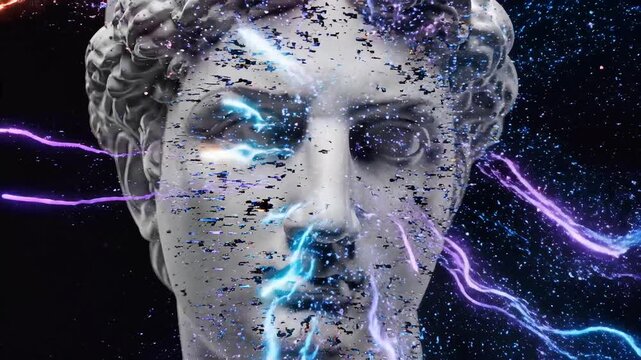 Abstract Digital Glitch Art Featuring a Classical Stone Statue Bust Head