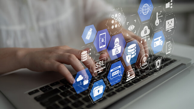 Data privacy and cyber security icons show encryption, data privacy safeguards, and cyber security defense. Data privacy ensures cyber security protection and access control. Entice
