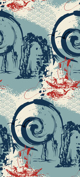 fishman cliff abstract seamless pattern design brush strokes japanese chinese vector ink traditional asian design isolated