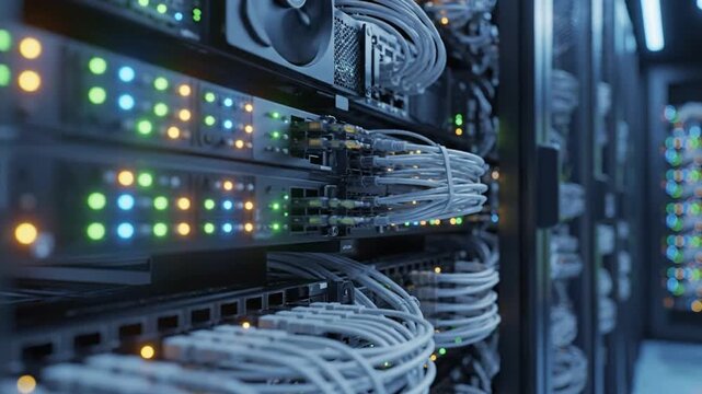 Camera moves through data center showcasing servers and network cables in action during the day