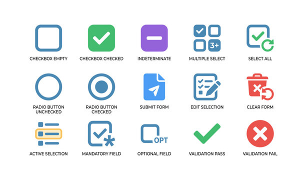 Form control icons showing selection and validation on white