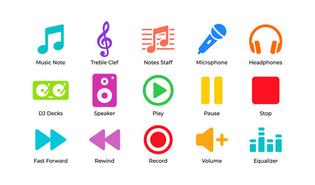 Music icons grid showing playback controls and audio tools on white