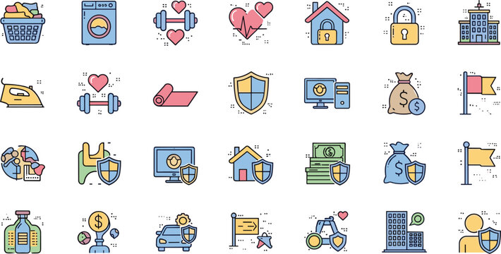 Insurance and protection icons collection, flat vector illustration set with health home finance and security symbols